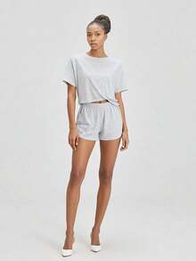 Split Short Pajama Set, Womens Striped Pajamas Set,Two Piece Set Striped Print Drop Shoulder Tee Wrap Split Shortshalloween - 灰色的 - 查看 6