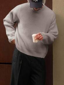 ANDREILEE 男士休闲纹理圆领毛衣，宽松保暖套头衫，适合春、秋、冬季穿着 - 灰色 - 查看 2