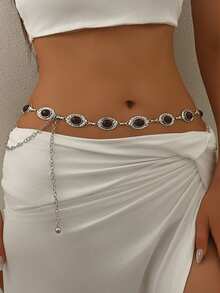 1件复古时尚个性金属花卉做旧微镶红色仿宝石几何圆盘腰链。精致的设计感，不对称纹理银色腰带、裙链、裤链。适合女性日常穿着和派对（手工链条可能有轻微瑕疵） - 銀色 - 查看 7