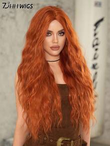 7JHH WIGS 28 英寸宽松长波浪姜黄色假发，适合时尚女性，华丽姜橙色中分波浪假发，柔软合成耐热纤维头发，自然赤褐色替换假发，适合女孩日常佩戴、音乐节派对角色扮演使用 - 薑色 - 查看 5