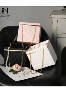 Foldable Floral Gift Box With Chain Handle, Made Of Thick Cardboard And Metal Chain, Sturdy And Waterproof, Suitable For Fresh Flowers, Dried Flowers, Handmade Gifts, Compact Folding Design, Simple And Elegant Style, Available In Multiple Colors