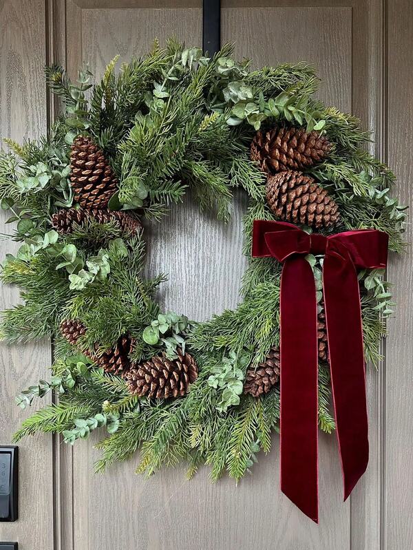 1pc/18In Holiday Wreath – Faux Cedar & Eucalyptus With Pine Cones And Burgundy Velvet Ribbon, Real Touch Evergreen Christmas Decor Home Decor Christmas Decorations Room Decor