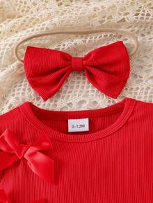 Bộ đồ thường ngày 3 món cho bé gái: Áo thun tay loe họa tiết sọc màu trơn, Chân váy denim cạp chun họa tiết bướm và Băng đô hình bướm - Đỏ - Xem 5