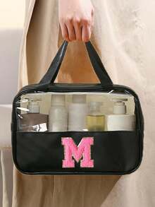 1个多功能PVC洗漱包，透明PVC化妆包，大容量化妆包，DIY字母设计化妆包，防水旅行收纳包，简约字母贴纸旅行化妆包，适用于化妆品、香水，适合海滩、学校、浴室、节日、母亲节、圣诞节等场合，是送给妈妈、家人、朋友的绝佳礼物，男女通用旅行洗漱包，浴室化妆包 - 黑色 - 查看 3