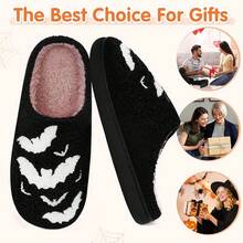 Cozy Plush Halloween Pumpkin Slippers, Non-Slip Fluffy Design - Black Bat - View 9