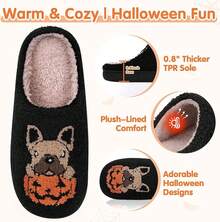 Cozy Plush Halloween Pumpkin Slippers, Non-Slip Fluffy Design - Black Pug - View 4