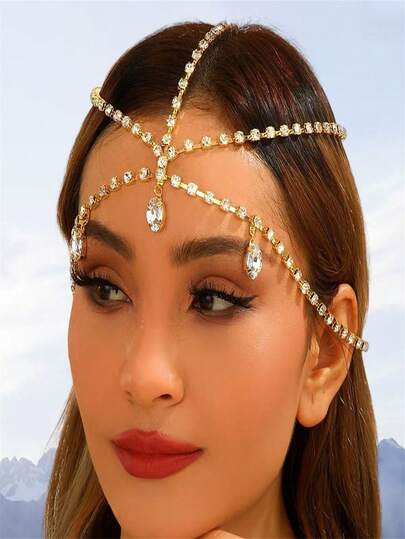 1pc Cross-Border Tassel Multi-Layer Forehead Chain, Glamorous Party Crystal Hair Chain, Arabian Luxury Bridal Headpiece, Geometric Bohemian Copper