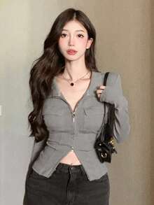 Women's Casual Versatile Minimalist V-Neck Double Zipper Long Sleeve T-Shirt Spring - Grey - View 5