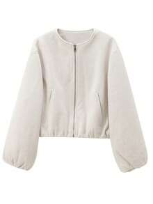 1 Peça Jaqueta Bomber de Manga Longa Macia e Versátil com Gola Redonda, Casaco Curto Fashionável, Outono/Inverno