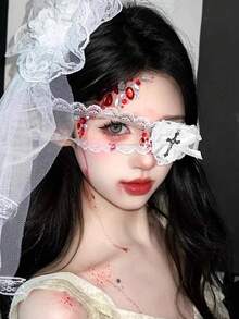 1pc Women's Punk Chic Gothic White Lace Heart Eye Mask Decor, Dark Cross Cosplay Accessory, Nurse, Lolita, Witch Makeup Party Necklace Garter - White - View 3