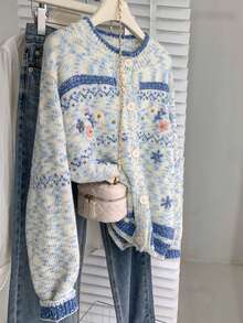 Winter Snowflake Embroidered Knit Cardigan Women – Cozy Festive Cardigan For Christmas Holiday - Apricot - View 1