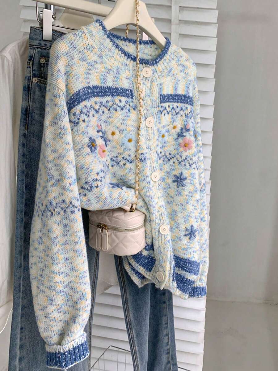 Winter Snowflake Embroidered Knit Cardigan Women – Cozy Festive Cardigan For Christmas Holiday - Apricot - View 1
