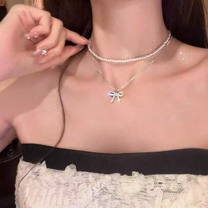 قلادة فاخرة ذات طبقتين من الراين والخرز للنساء، مناسبة للارتداء اليومي، هدية للأصدقاء/الصديقة، إكسسوار للحفلات