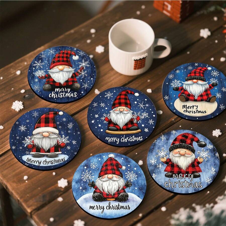 4 piezas/6 piezas/300 piezas Posavasos de barro de diatomeas con estampado de gnomos navideños y copos de nieve, posavasos de café, decoración multiocasión para el hogar y restaurantes, regalos diarios, decoración de mesa, decoración de fiesta temática