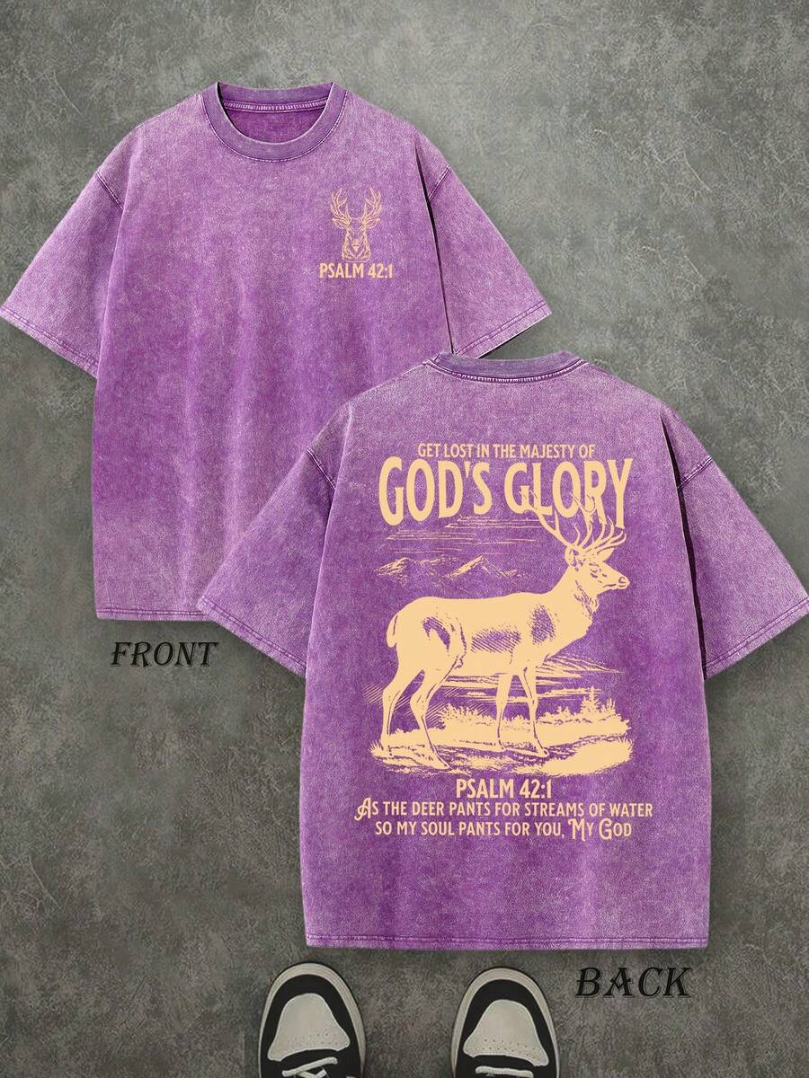 God's Glory Christian Washed Shirt, 'PSALM 42:1' Christian Scripture T-Shirt, Vintage Retro Washed Shirt Double Sided Printed (230 Heavyweight Pure Cotton T-Shirt)  High Quality Christian T-Shirt, Christian Gifts, Men's And Women's Shirts, Comfortable, Fashion Christian Shirt, Street Style Pure Cotton Fall Shirt - 紫丁香色 - 查看 1