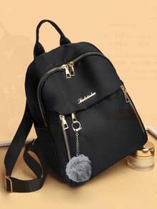 1Pc Women Fashion Backpack Large Capacity Casual Travel Backpack Ladies Bag New Student Schoolbag Backpack Unisex Bags Solid Color Pocket Zipper Backpack, Travel Daily Bag, Women's Casual School Backpack Small Backpack, Outdoor Casual Backpack With Plush Ball Pendant