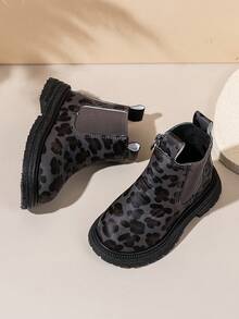 2024新款时尚豹纹女童踝靴，平底套穿侧拉链踝靴，软底百搭公主靴 - 深灰色 - 查看 4