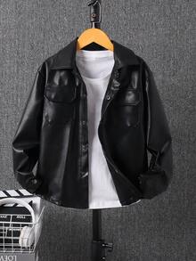 Boys' Simple & Versatile PU Leather Jacket, Long Sleeve Collar Outerwear, Fashionable Casual Soft & Comfortable Spring/Autumn Coat - Black - View 3