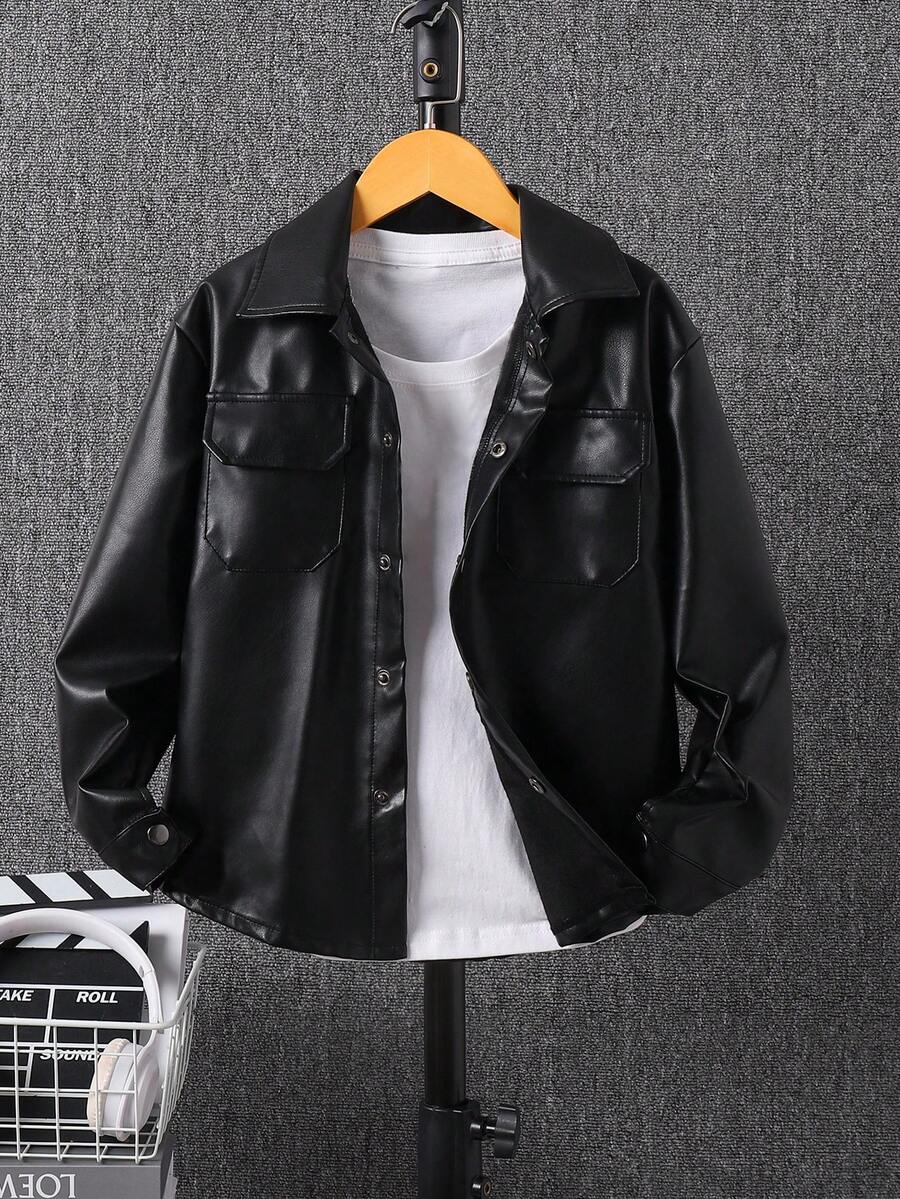 Boys' Simple & Versatile PU Leather Jacket, Long Sleeve Collar Outerwear, Fashionable Casual Soft & Comfortable Spring/Autumn Coat - Black - View 1