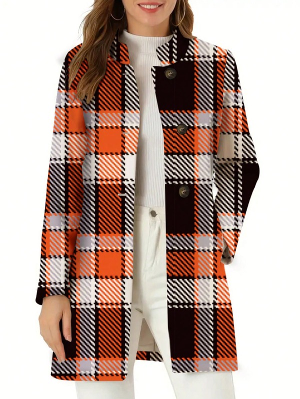 2025 New Orange Plaid Coat Women, Mid-Length Stand Collar Single-Breasted, Commuting, Work, Dating, Shopping, Versatile Slimming Checkered