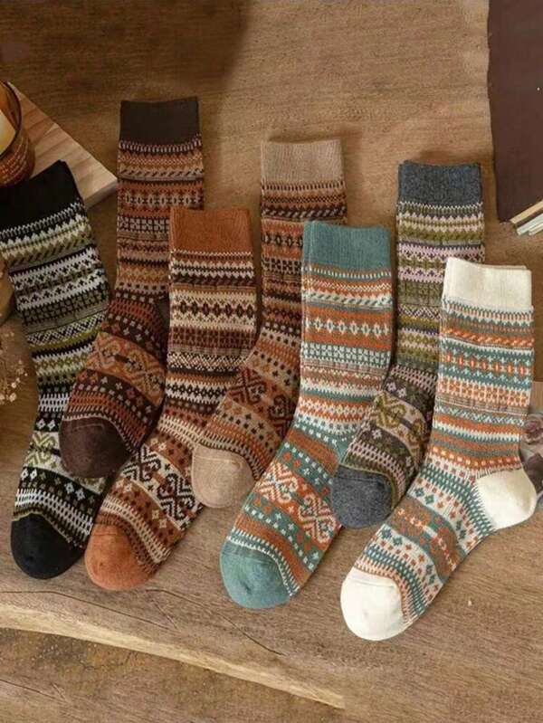 7pcs/6pcs/5pcs/3pcs/1pc Vintage Mid-Calf Socks, Comfortable Merino Wool, Christmas/Thanksgiving/New Year Gift, 5pcs/3pcs/1pc Random Assortment (Due To Lighting And Angle During Shooting, The Actual Product May Have A Slight Color Difference From The Picture)