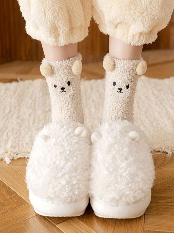 1/5 pares de calcetines de felpa de coral con oso blanco, calcetines de dibujos animados gruesos y cálidos para el invierno