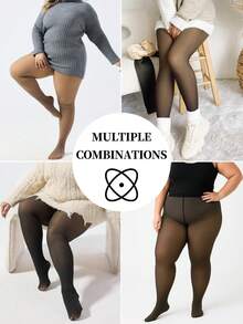 1 PC Plus Size Warm Fleece-Lined Thick Fake Sheer Base Layer Leggings (Tights) - Autumn & Winter Thermal Tight Pants, Stretchy Non-Tight, Fits Body Curves, Warm & Stylish For Outfits - 奶昔 - 查看 5
