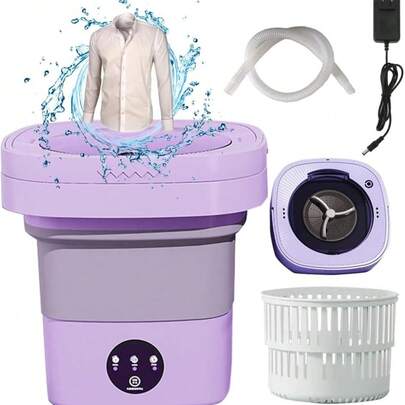 Mini Lavadora Portátil y Plegable de 8L con Función de Secado, Cesta de Drenaje y Tubo de Agua