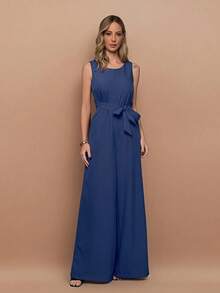 Elegant Linen Pantaloon Jumpsuit With Wide Legs And Discreet Pockets. TAILORED OVERALL WITH POCKET AND BELT. - Navy Blue - View 2