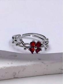 1pc Stainless Steel Purple Four-Leaf Clover & Cubic Zirconia Open Ring, Sweet Style Suitable For Women's Daily Wear - 銀紅色 - 查看 9