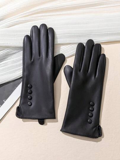 1 Pair 4-Buckle Faux Leather Gloves, Windproof, Waterproof, Warm, Fashion Touchscreen Gloves, Suitable For Driving, Cute