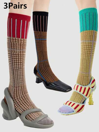 3 Pairs Retro American Style Knee,High Socks, Colorblock Houndstooth & Plaid Pattern Calf Socks, Early Autumn, Cozy Socks