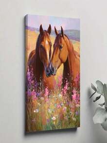 1PC Oil Painting Of Two Brown Horses In A Meadow With Wildflowers12X16inch And 16x24inch Framed , Classic Wooden Frame, Suitable For Living Room, Bedroom, Bathroom And Other Decorations, Perfect Gifts For Christmas, Halloween And Thanksgiving