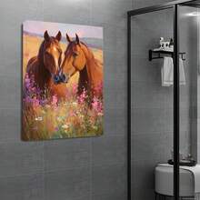 1PC Oil Painting Of Two Brown Horses In A Meadow With Wildflowers12X16inch And 16x24inch Framed , Classic Wooden Frame, Suitable For Living Room, Bedroom, Bathroom And Other Decorations, Perfect Gifts For Christmas, Halloween And Thanksgiving