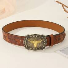 1 szt. męski pasek kowbojski w stylu western, szeroki pasek z głową byka, klamra do paska z motywem głowy byka, pasek outdoorowy, skórzany pasek w stylu boho, pasek na prezent - Brązowy - Zobacz 3