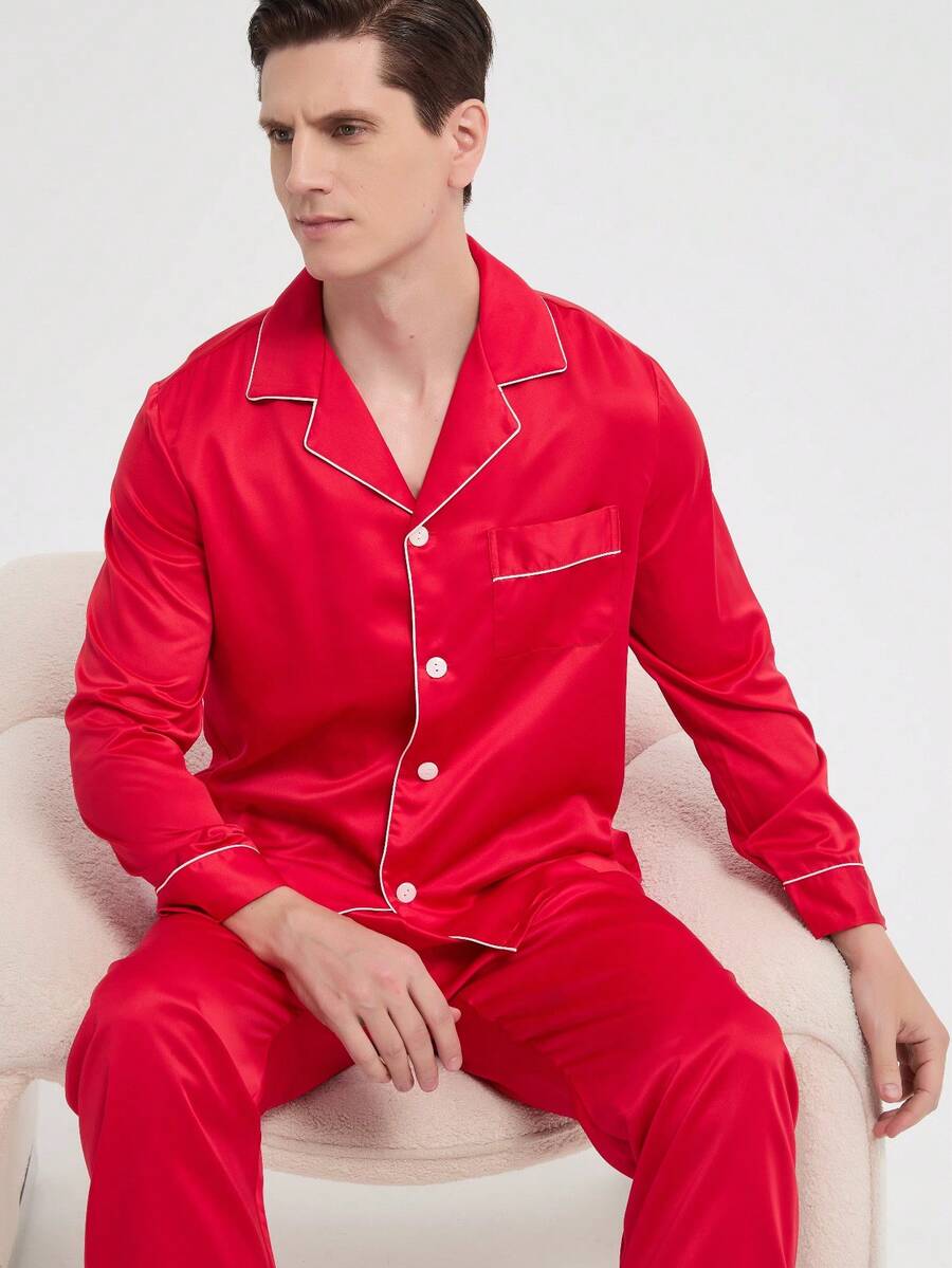 新款男士时尚休闲睡衣套装,秋冬服装 - 紅色 - 查看 1