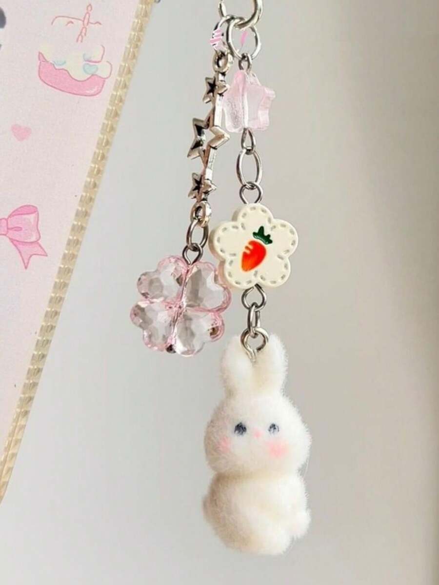 1pc Unisex Cartoon Flocked Rabbit Keychain, Cute Clover Pendant Accessory For Bag - Multicolor - View 1