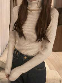 Áo len dài tay cổ lọ màu trơn đơn giản dành cho nữ, mùa thu/đông - Màu be - Xem 3