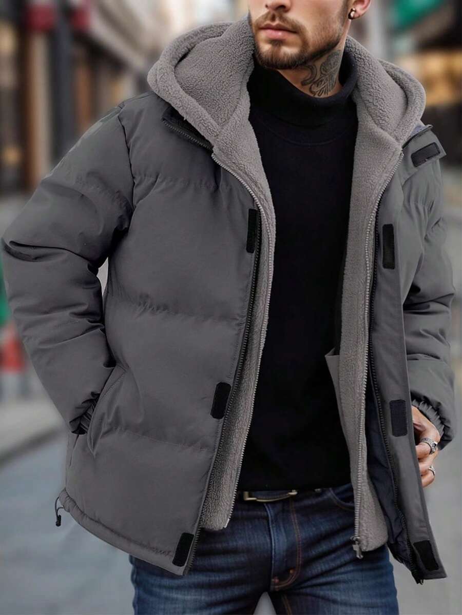 New Fake Two Piece Cotton Jacket For Men In Winter, Loose And Casual, Thickened Polar Fleece Cotton Coat, Hooded Cotton Coat, Quilted Coat, Men's Skiing, Thickened Windproof Down Jacket, Men's Fake Two Piece Cotton Jacket - Xám - Xem 1