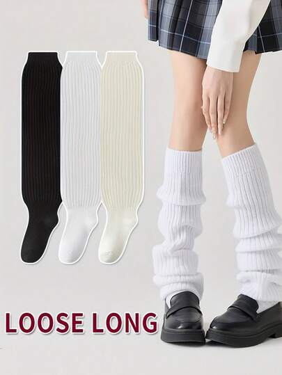2/1 Pair Of Cute Japanese-Style Wide-Leg Socks, Versatile And Flattering. Women's Vertical Striped Long Socks, Stacked, Seasonal Warm Sleep Socks, Ideal Christmas And New Year Gifts, Warm Home Sleep Socks, Cold Weather Essentials, And A Must-Have For Sock Collectors. Hand Wash Or Dry Clean. Solid Color. Knee-High Knit Slipper Socks, Comfortable For Flooring.