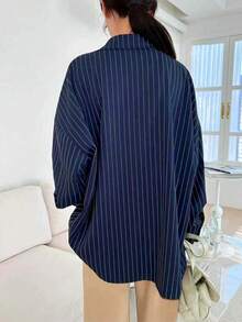 Women's Striped Print Lapel Casual Shirt - Navy Blue - View 3
