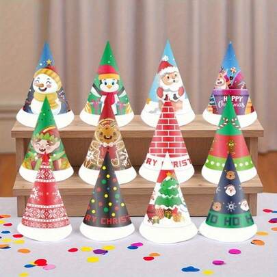 6/12pcs Christmas Party Decorations Paper Hats With Snowman, Santa Claus, And Reindeer Patterns - Essential Party Supplies For Christmas Parties, Family Gatherings, Outdoor Celebrations, Birthday Parties, Halloween, Thanksgiving, And Holiday Decorations