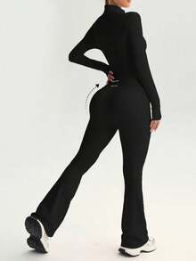 PinkTip Pink Tip 女士纯色无缝弹力夹克和紧身裤运动套装，提臀修身柔软裤，休闲运动服，适合日常、健身、跑步、瑜伽、普拉提 - 黑色 - 查看 5