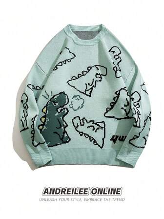 Suéter casual de manga larga con estampado de dinosaurio para hombres, otoño/invierno