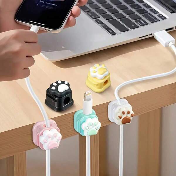 6-Piece Cute Cat Claw PVC Cable Clip Organizer - Strong Adhesive, Multi Color Random Mix, No Need For Drilling Wire Fixing Device, Suitable For Home And Office Wire Management, Cat Claw Cute Cable Organizer Desktop Data Cable Magnetic Fixator Storage And Organizing Mobile Charging Cable Clip Buckle