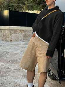 Herren Lässig Loose Fit Pullover Sweater, Rippkragen mit Knöpfen, Langarm, Farbblockabschluss, warm und vielseitig, geeignet für Frühling, Herbst, Winter