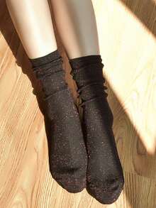 3 Pairs/6 Pairs Random Women Socks, Autumn/Winter Shiny Silver Thread Fashion Luxurious Crew Socks - Multicolor - View 6