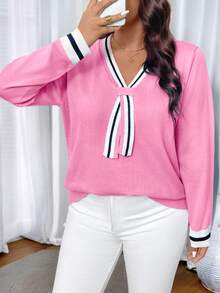 大码休闲条纹撞色V领针织套头衫 - 粉色 - 查看 3