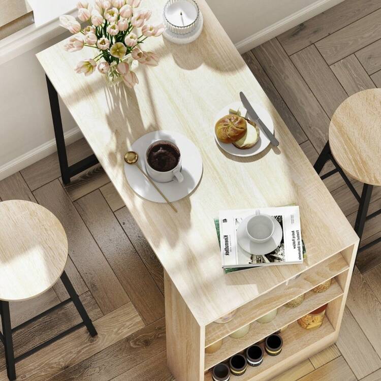 Table With Bar Stool Set, 3 Piece Bartisch Set With Kitchen Table, Storage, 2 Stools, Footrest, Modern Style, Space Saving Dining Group For Dining Room, Kitchen, Steel, Oak - 1 - View 8