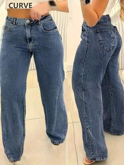 Jeans rectos de talla grande de tela no elástica con bolsillo con botón y cremallera, de longitud completa